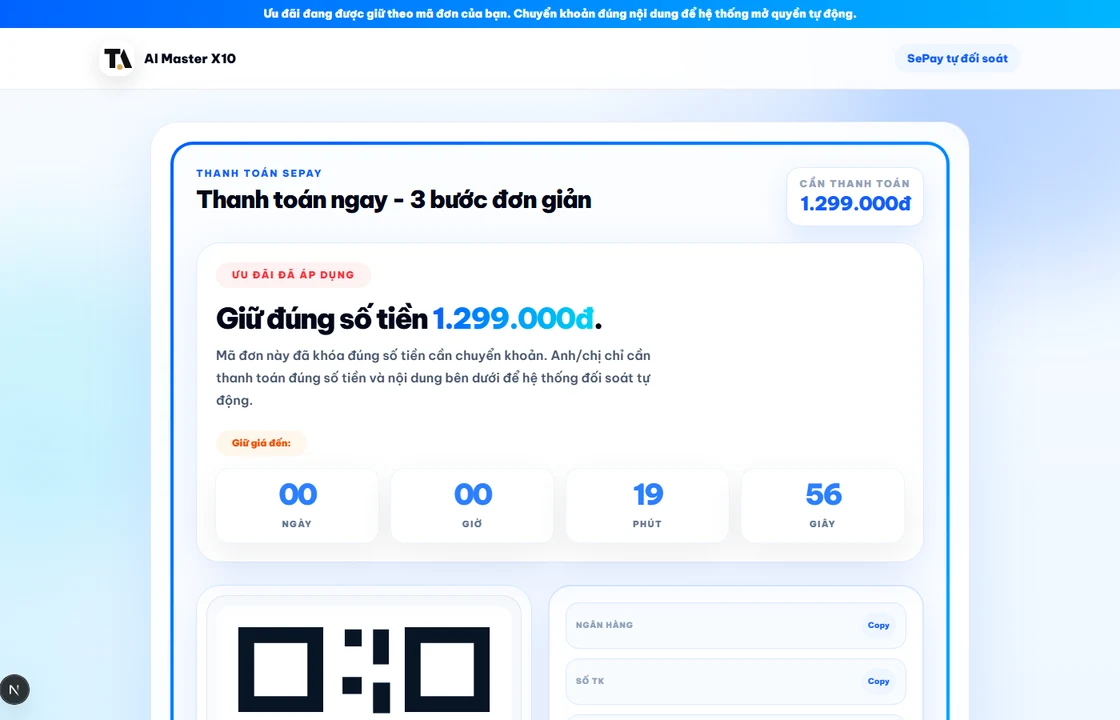 Màn hình thanh toán khóa học bằng mã QR