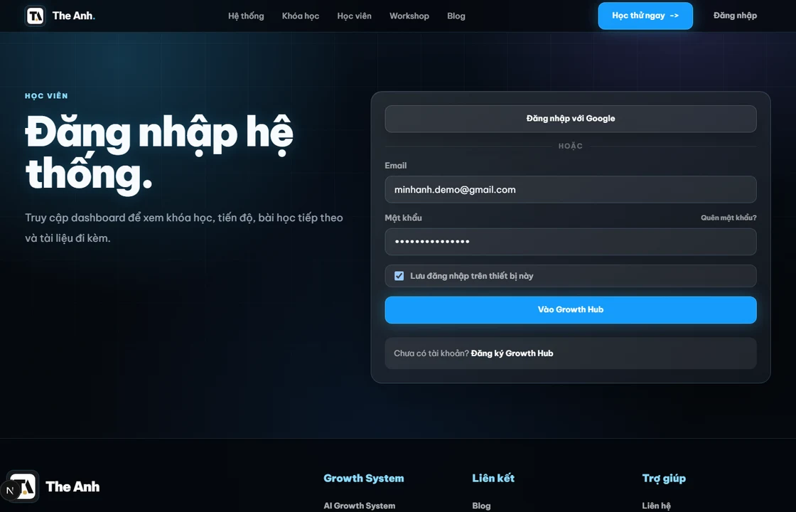 Màn hình đăng nhập bằng email và mật khẩu nhận trong thư