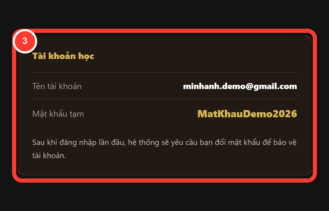 Khung tài khoản học được phóng lớn và khoanh đỏ trong email thanh toán thành công