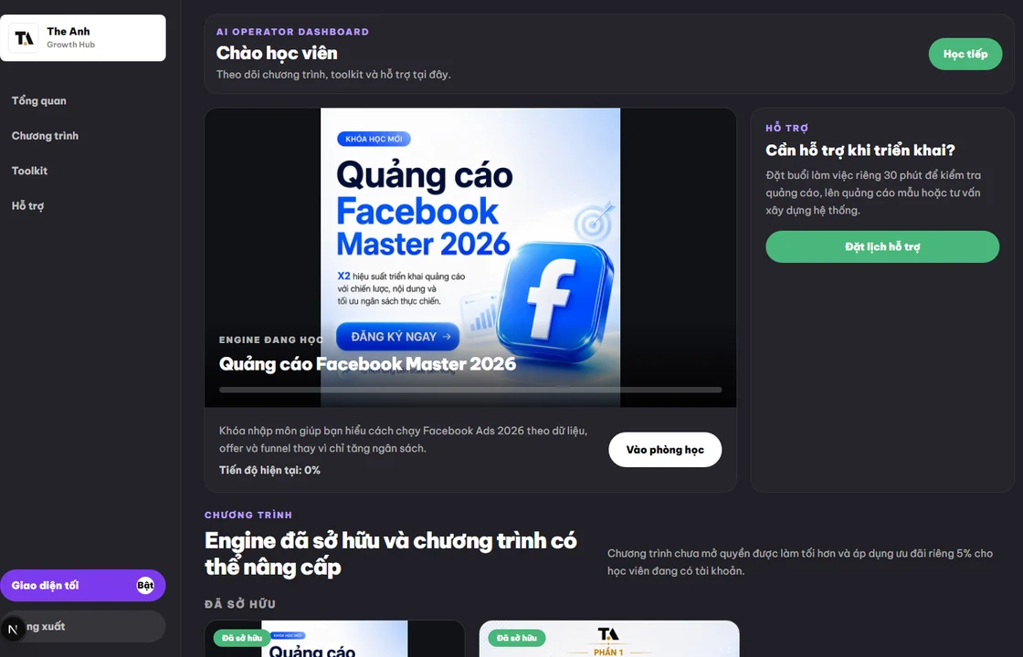 Dashboard học viên với nút Vào phòng học